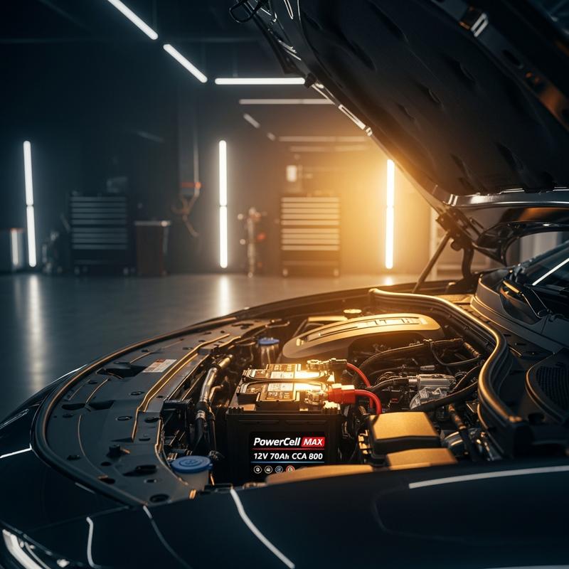 Batterie de voiture 12V mise en évidence sous un capot ouvert dans un garage, avec le texte superposé Durée de vie batterie