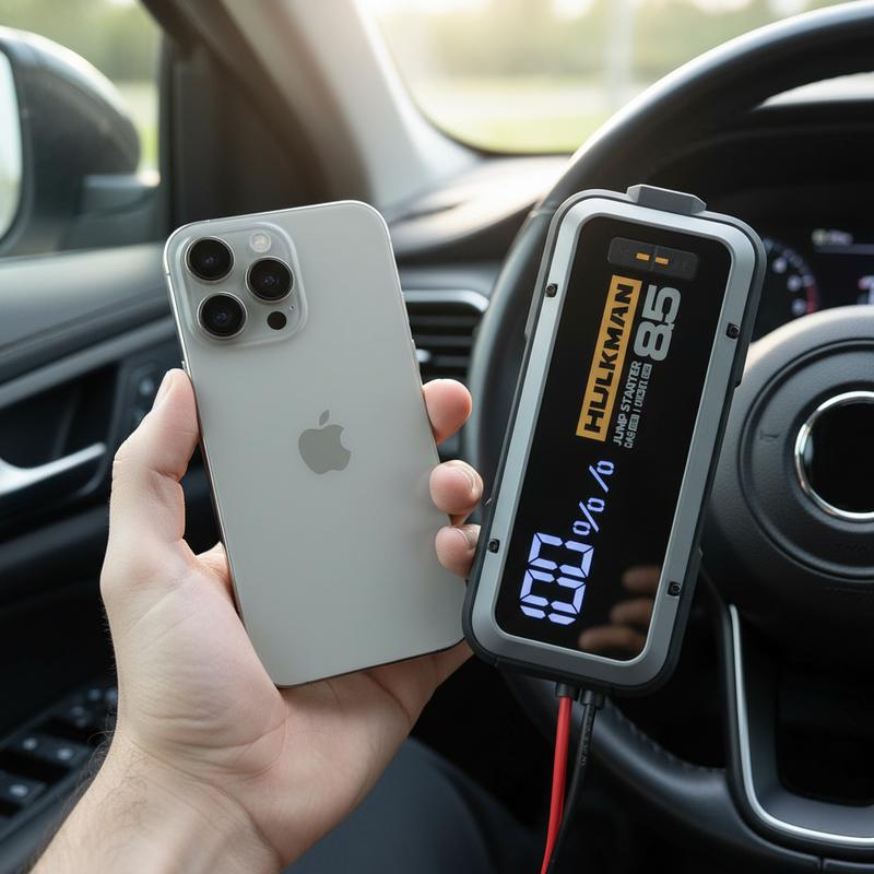 Main tenant un booster Hulkman Alpha 85 à côté d'un iPhone 15 Pro Max dans une voiture pour démontrer leur taille similaire