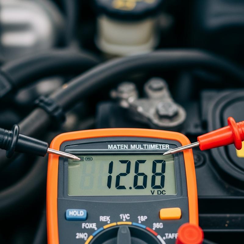 Gros plan sur l'écran d'un multimètre affichant 12.60, sonde rouge connectée à la borne positive d'une batterie de voiture