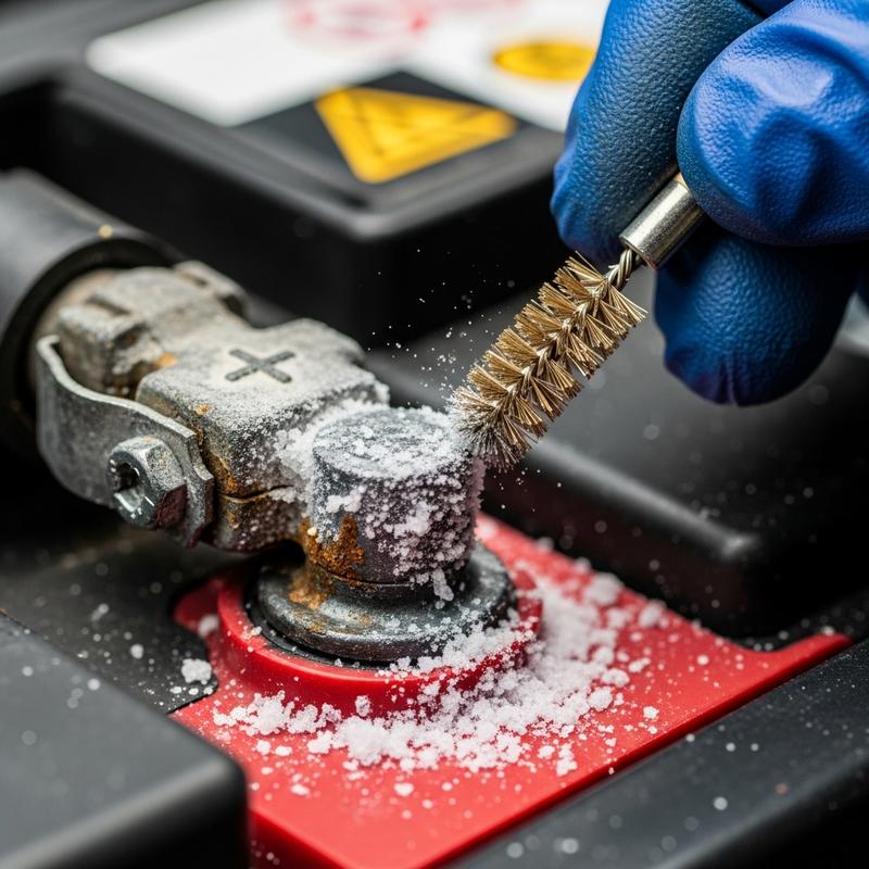 Gros plan sur une borne de batterie de voiture oxydée par la sulfatation, approchée par une brosse métallique tenue par une main gantée