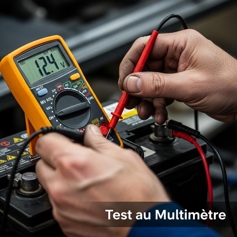 Gros plan sur des sondes de multimètre testant une batterie de voiture affichant 12.4V, avec le texte superposé Test au Multimètre