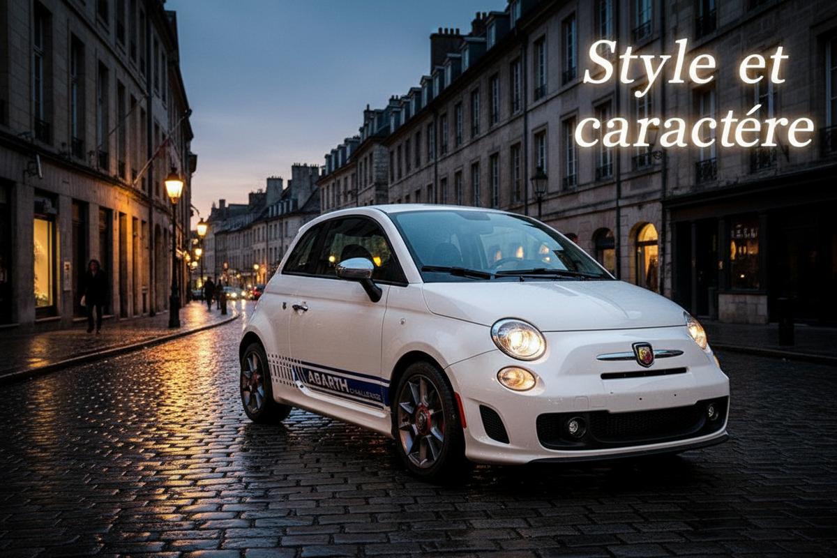 Abarth 500 stationnée sur pavés urbains au crépuscule, logo scorpion visible, avec le texte superposé Style et caractère
