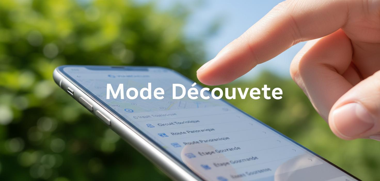 Gros plan d'un doigt sélectionnant l'option Itinéraire Découverte sur l'interface de l'application ViaMichelin sur smartphone