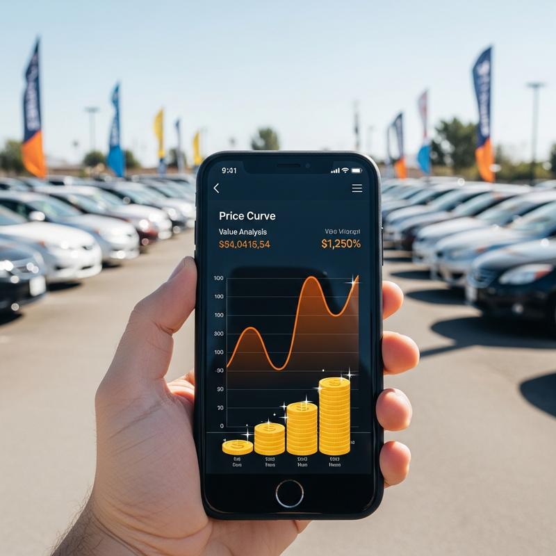 Smartphone tenu en main affichant un graphique comparatif de prix et une pile de pièces, sur fond flou de parc automobile.