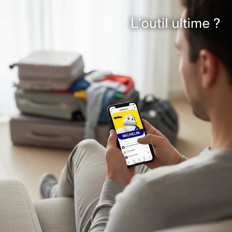 Smartphone affichant l'écran d'accueil de l'application ViaMichelin avec valises en arrière-plan flou et texte superposé : L'outil ultime ?