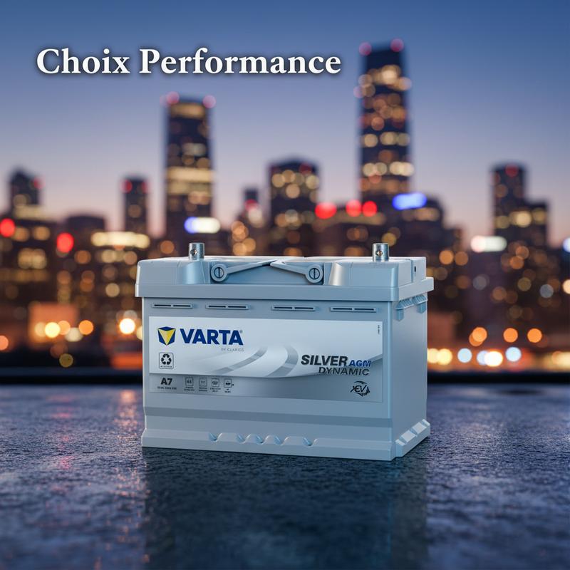 Batterie Varta Silver Dynamic AGM posée sur de l'asphalte au crépuscule avec la mention Choix Performance