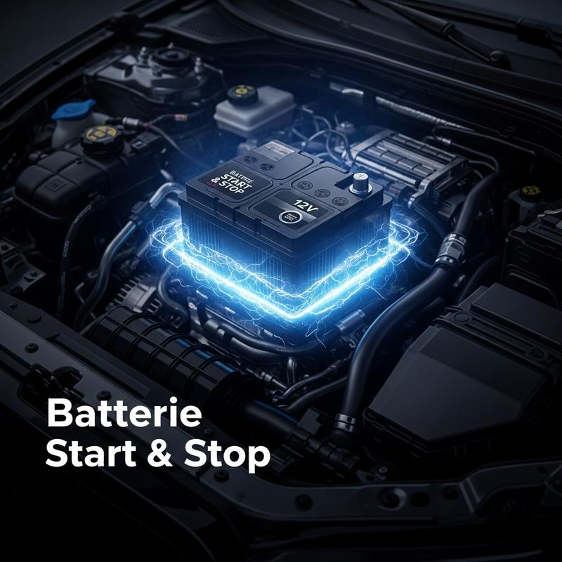 Vue en plongée d'un moteur ouvert mettant en valeur une batterie 12V au halo bleuté avec le texte superposé Batterie Start & Stop