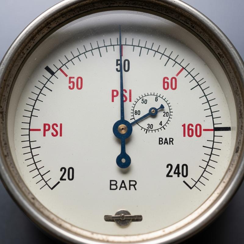 Gros plan sur le cadran d'un manomètre analogique vintage affichant une double échelle de mesure en Bar et PSI