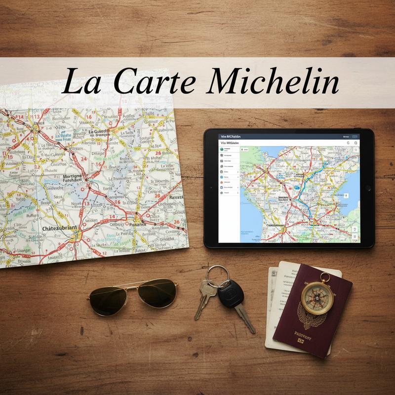 Vue de dessus comparant une carte routière Michelin papier vintage et une tablette affichant le planificateur ViaMichelin sur un bureau en bois