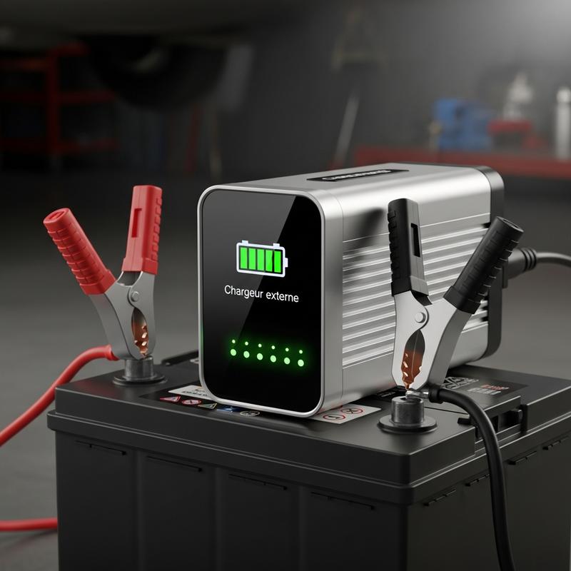 Gros plan d'un chargeur intelligent connecté à une batterie de voiture avec écran digital vert et pinces fixées, texte Chargeur externe visible