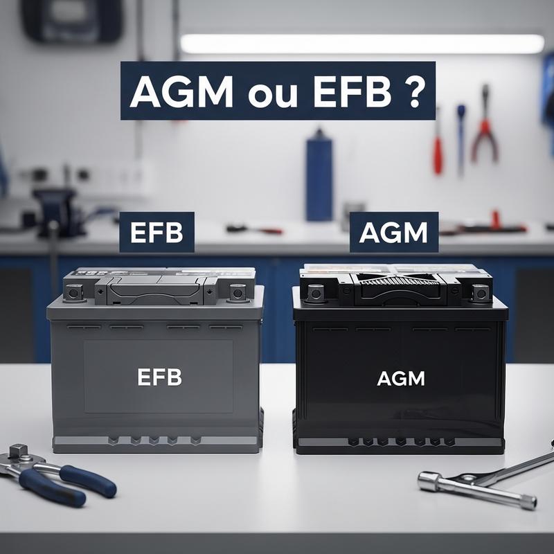 Deux batteries de voiture posées sur un établi d'atelier, identifiées respectivement EFB et AGM, avec le texte superposé AGM ou EFB ?