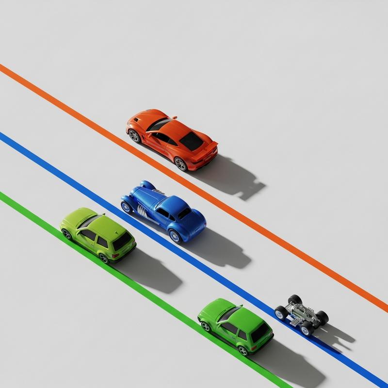 Vue de dessus de trois voitures jouets faisant la course sur des pistes parallèles orange, bleue et verte, symbolisant la concurrence automobile