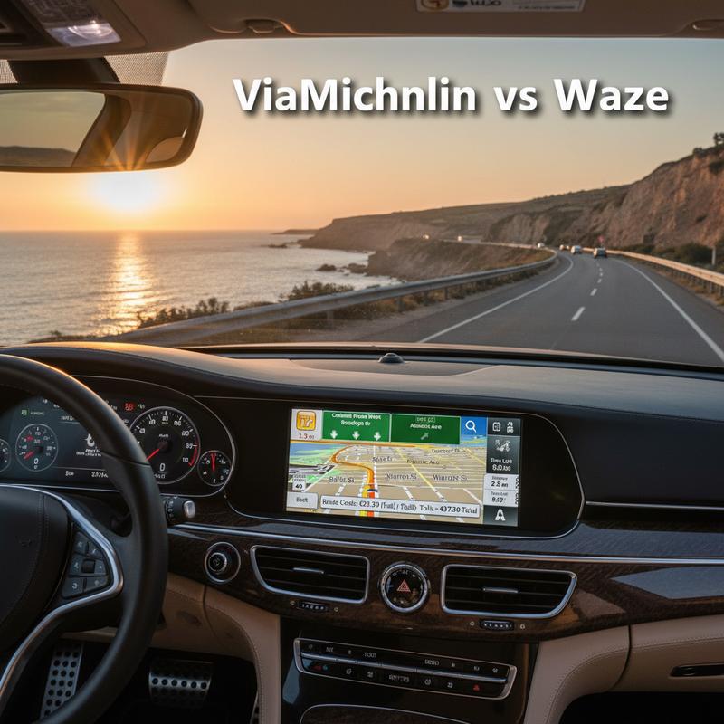 Vue intérieure d'une voiture moderne face à une route côtière, écran affichant l'interface GPS ViaMichelin avec le titre superposé ViaMichelin vs Waze