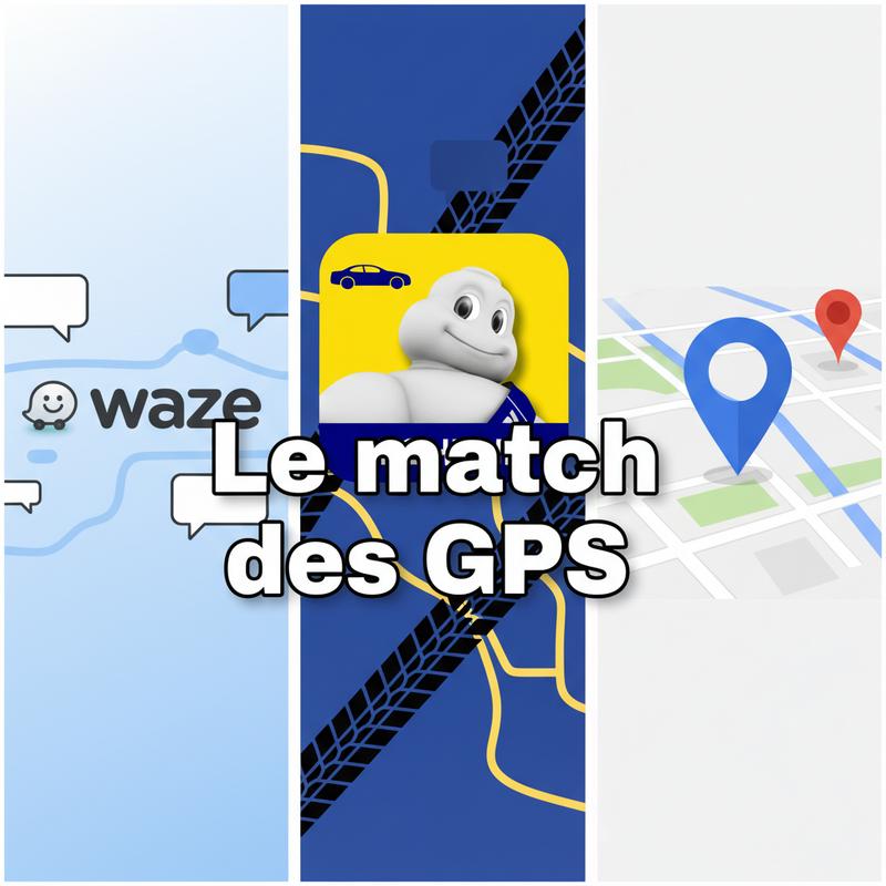 Illustration comparative affichant les logos Waze, ViaMichelin et Google Maps avec le titre Le match des GPS
