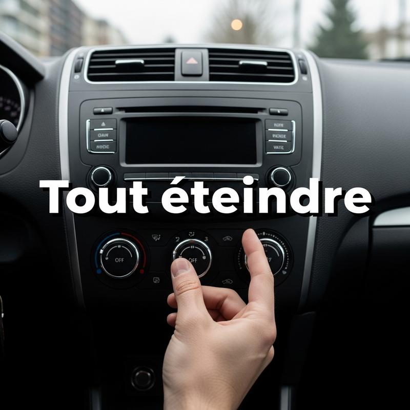 Vue subjective d'une main éteignant la climatisation sur le tableau de bord, écran radio éteint, avec le texte Tout éteindre en superposition