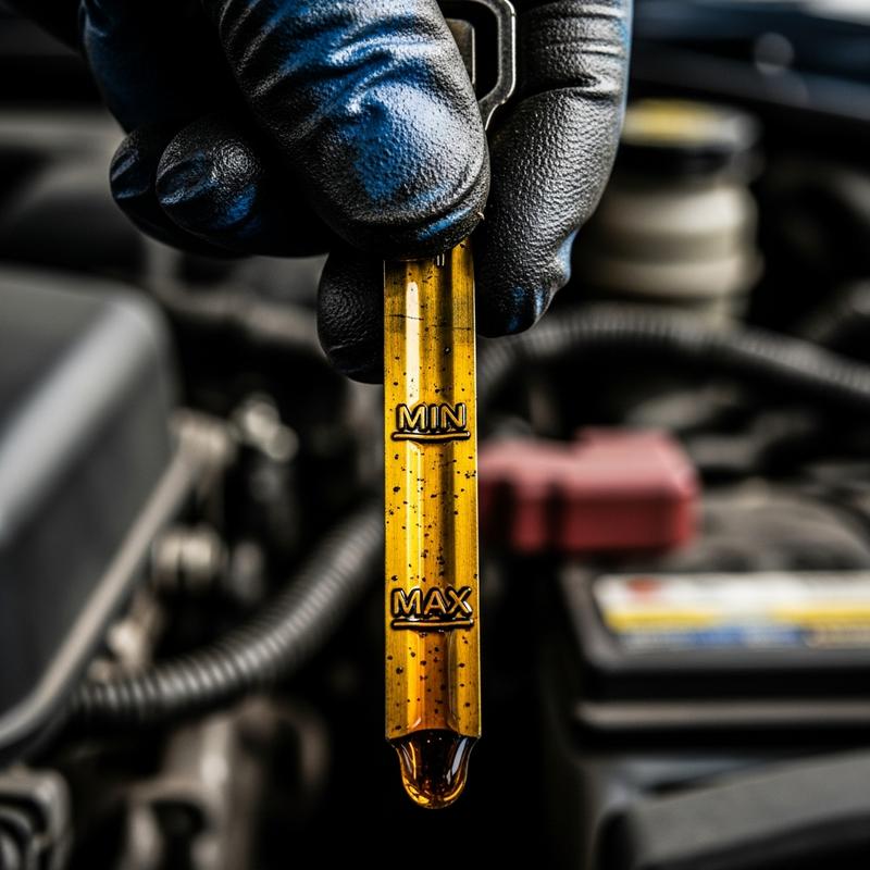 Gros plan sur une main gantée tenant une jauge d'huile montrant le niveau et la texture du fluide, sur fond de compartiment moteur flou