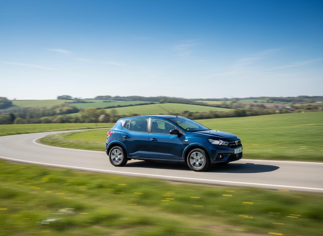 Dacia Sandero bleue roulant dynamiquement sur une route sinueuse de campagne sous un ciel dégagé