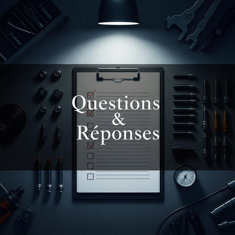 Vue de dessus d'un établi avec outils de gonflage et un bloc-notes central affichant le texte Questions & Réponses