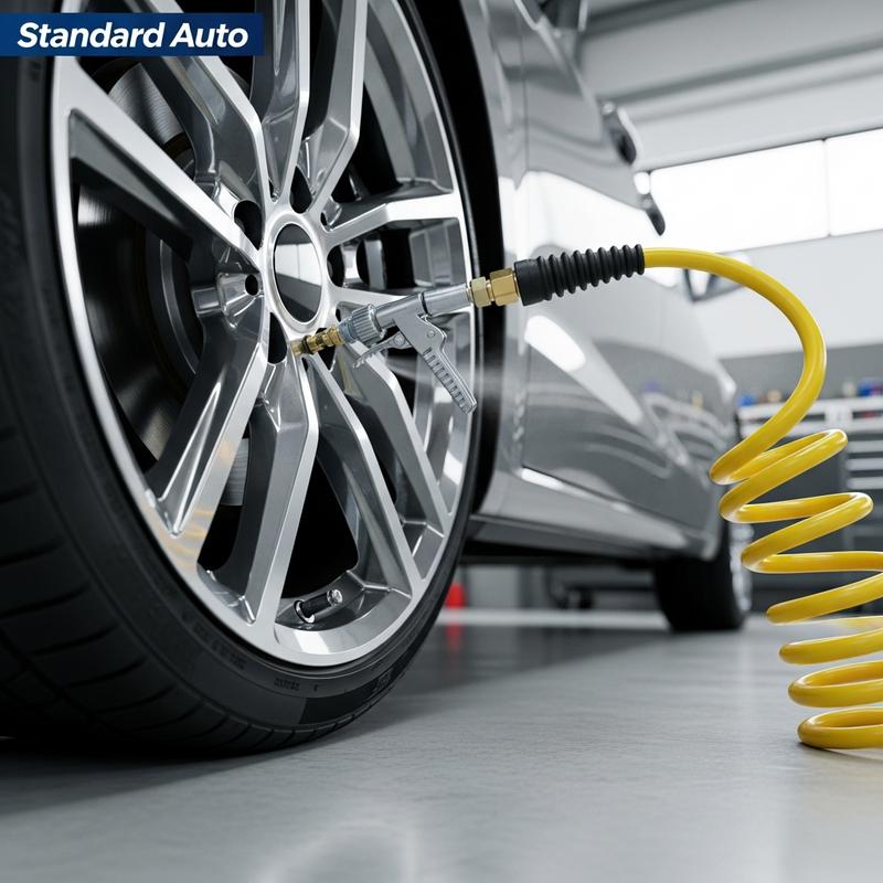 Gros plan en contre-plongée sur le gonflage d'une jante en alliage moderne via un tuyau pneumatique jaune, avec le texte 'Standard Auto' superposé