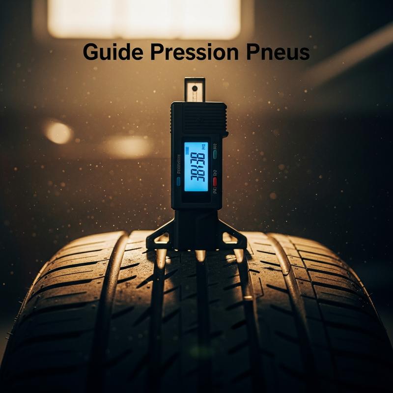 Gros plan sur un manomètre numérique à écran bleu connecté à une valve de pneu dans un garage, avec le texte superposé Guide Pression Pneus