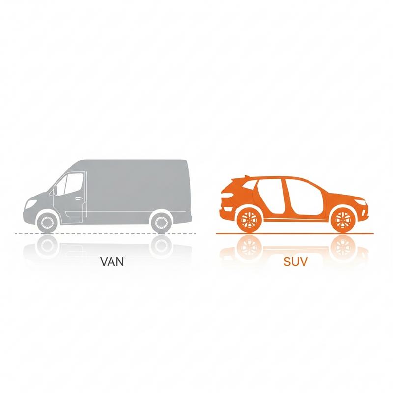Infographie technique minimaliste comparant la silhouette grise d'un fourgon utilitaire au châssis orange d'un SUV compact pour illustrer les différences structurelles