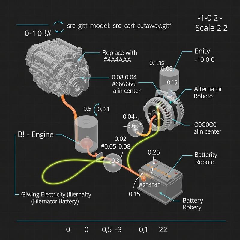 Infographie 3D en coupe d'un moteur montrant le flux électrique vert de l'alternateur vers la batterie, avec une horloge indiquant 20 minutes de route