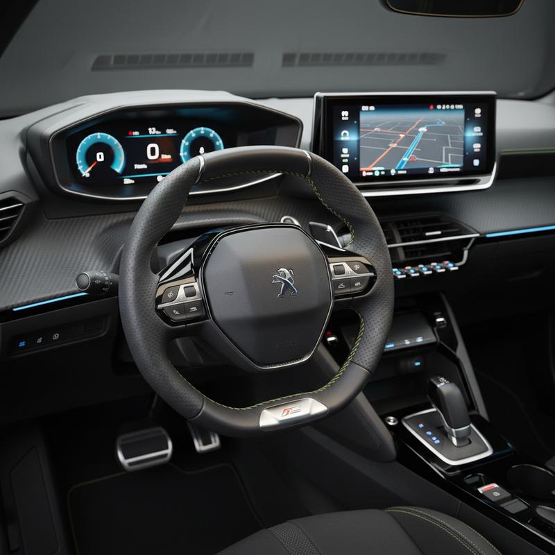 Vue conducteur de l'habitacle d'une Peugeot 208, mettant en avant le petit volant et l'écran tactile central sous un éclairage d'ambiance moderne