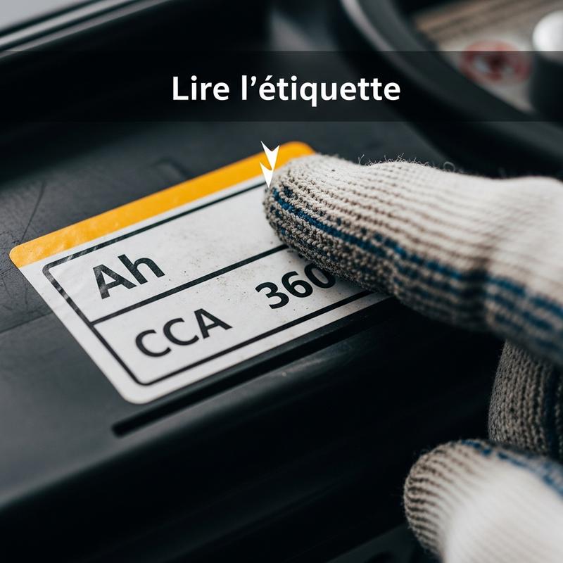 Gros plan sur l'étiquette technique d'une batterie auto avec un doigt pointant les valeurs Ah et CCA, surmonté du texte Lire l'étiquette
