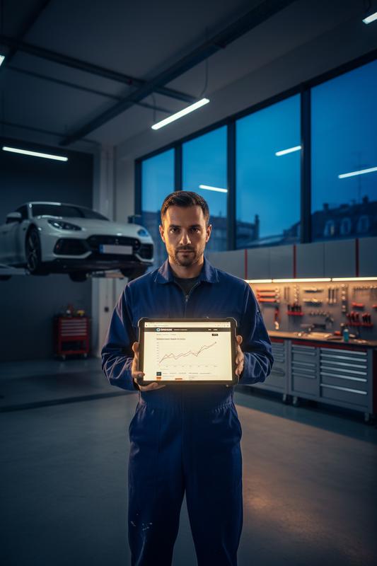 Mécanicien en combinaison bleue consultant la cote auto sur la page d'accueil Caradisiac via une tablette dans un garage moderne