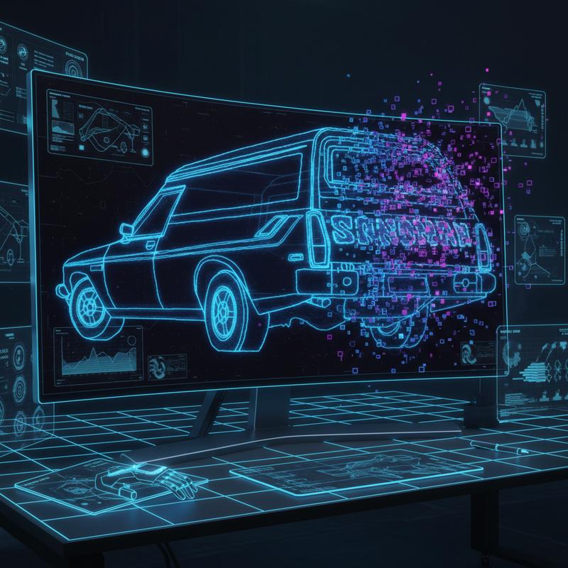 Modèle 3D filaire du van Sandman affiché sur un écran, se désintégrant en pixels sur la droite dans une esthétique numérique néon sur fond sombre