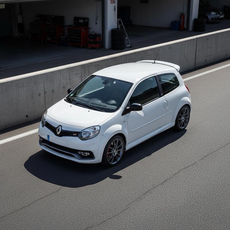 Renault Twingo RS avec châssis Cup garée sur une voie des stands, mettant en valeur ses ailes élargies et son allure sportive