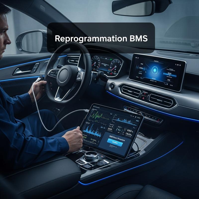 Mécanicien utilisant une tablette de diagnostic connectée au port OBD pour la reprogrammation du BMS, avec graphiques techniques visibles sur l'écran et texte superposé