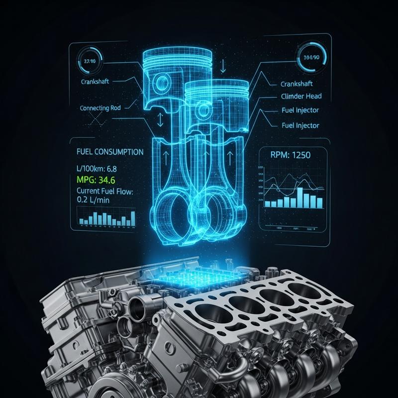 Bloc moteur automobile surmonté d'un schéma holographique bleu détaillant le mouvement des pistons et la consommation de carburant