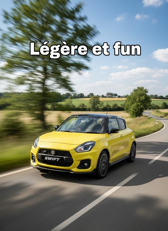 Suzuki Swift Sport jaune négociant un virage dynamique sur route de campagne avec le texte 'Légère et fun' superposé