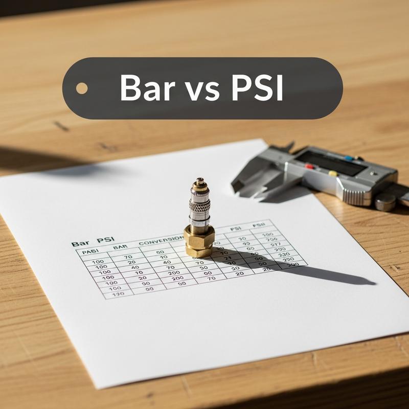 Tableau de conversion papier sur un établi en bois à côté d'une valve en laiton et d'un pied à coulisse, avec mention Bar vs PSI