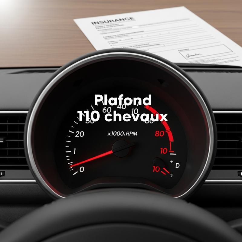 Compte-tours de voiture avec une zone rouge précoce et la mention Plafond 110 chevaux, illustrant la limite de puissance pour une assurance jeune conducteur
