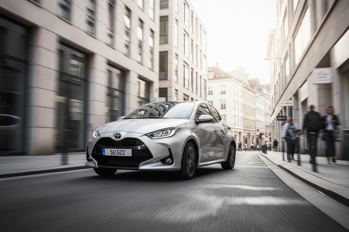 Toyota Yaris Hybride argentée circulant dynamiquement dans une rue urbaine étroite avec une architecture moderne floue en arrière-plan