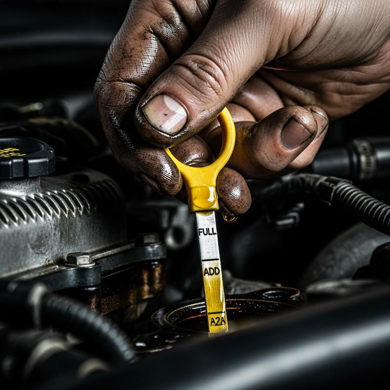 Gros plan sur la main d'un mécanicien vérifiant le niveau d'huile avec une jauge dans le compartiment moteur d'une voiture