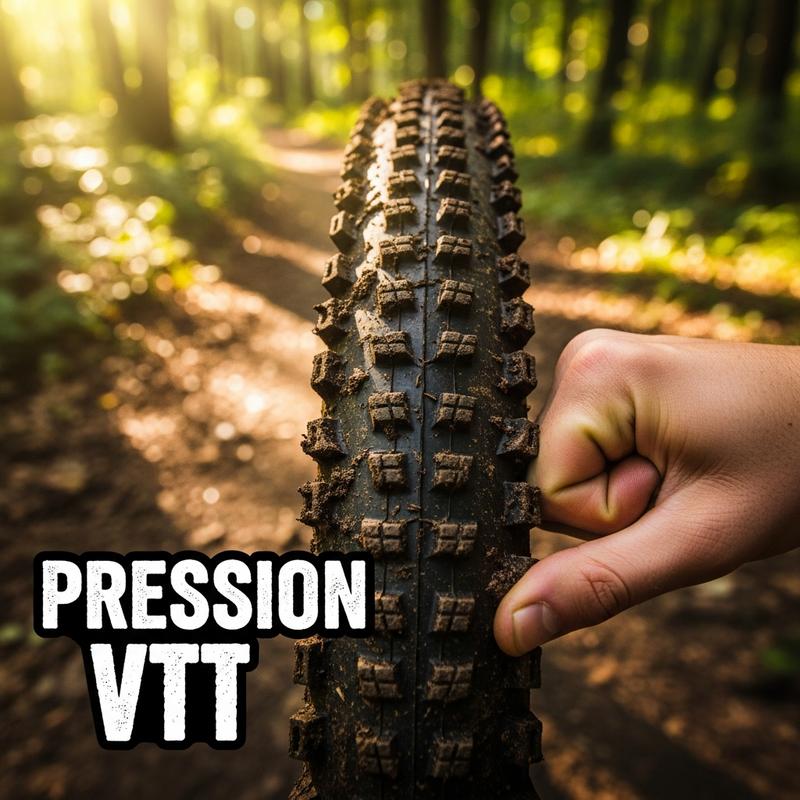 Gros plan d'une main testant avec le pouce la pression d'un pneu VTT boueux sur un sentier ensoleillé, avec le texte superposé Pression VTT