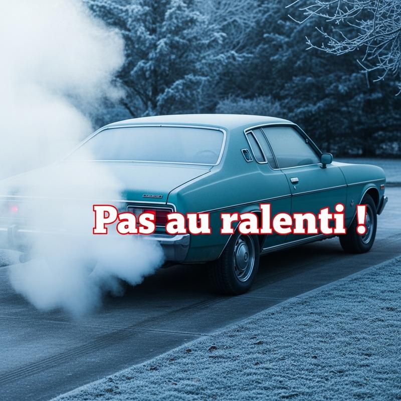 Voiture garée émettant de la fumée d'échappement par temps froid, avec le texte d'avertissement 'Pas au ralenti !' en rouge