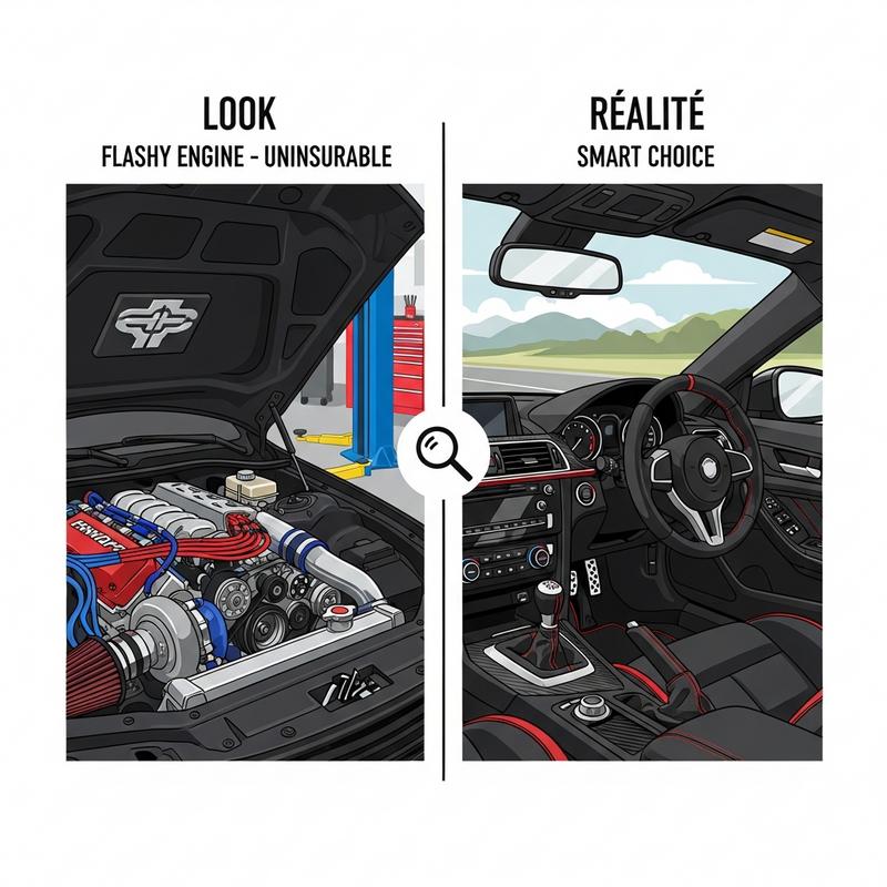 Illustration comparative divisée : moteur modifié voyant à gauche contre habitacle standard à droite, surmontée d'une loupe et du texte Look vs Réalité