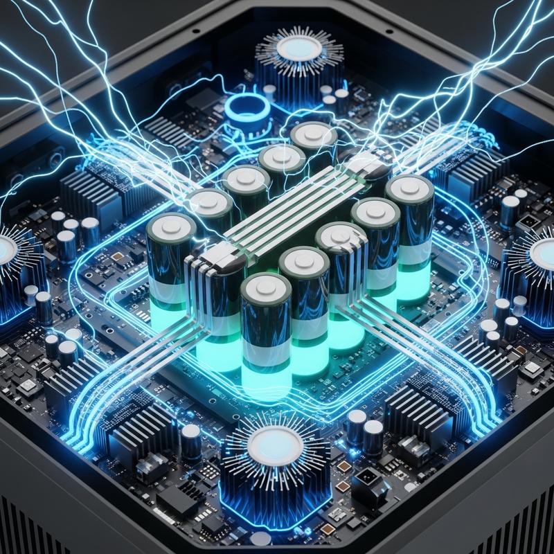 Rendu 3D des cellules internes lumineuses d'une station d'énergie avec lignes bleues et le texte Énergie LiFePO4