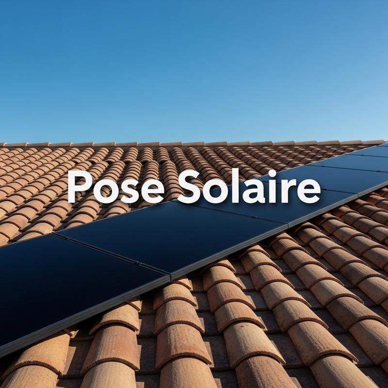 Panneau solaire moderne contrastant sur un toit de tuiles romaines sous un grand ciel bleu, avec l'inscription Pose Solaire.