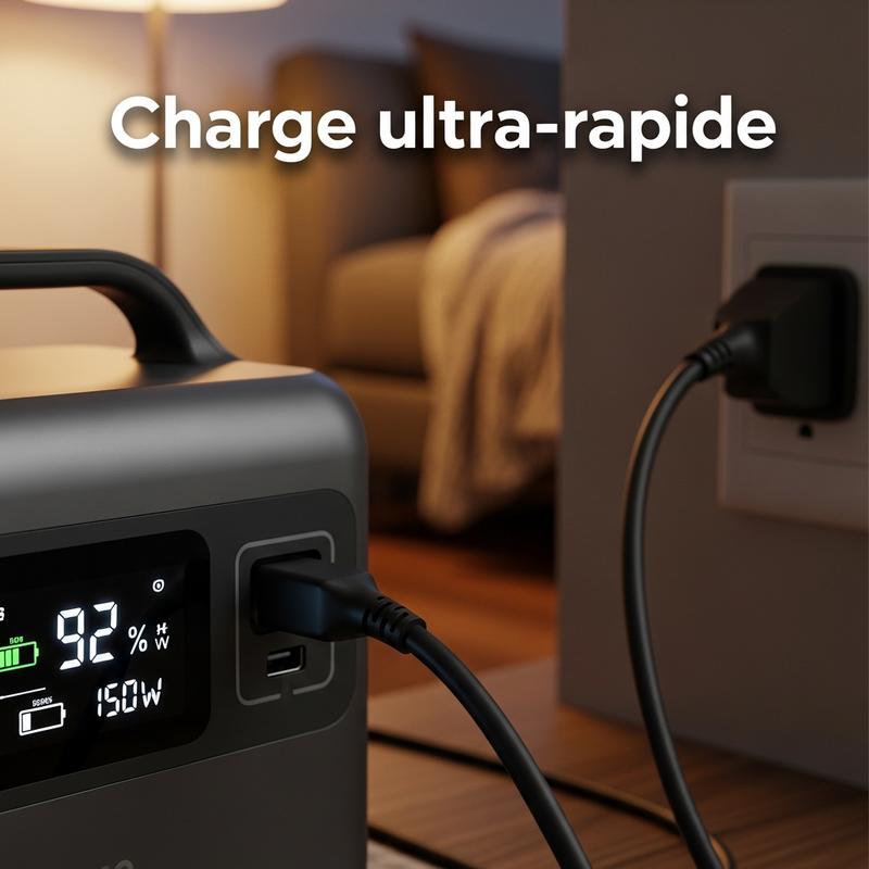 Écran LCD lumineux d'une station d'énergie portable branchée au mur, affichant la charge en cours, avec le texte Charge ultra-rapide.