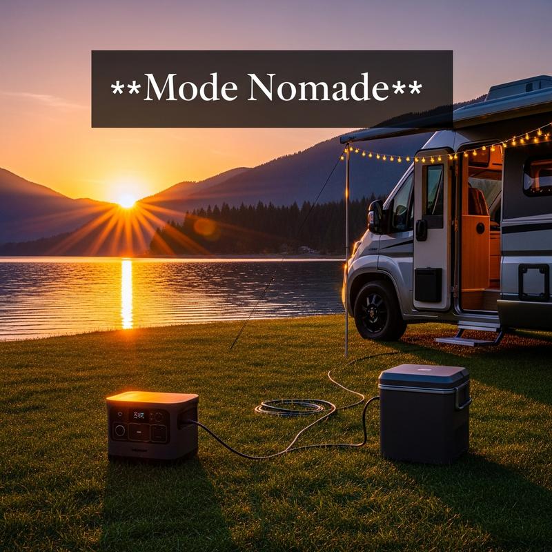Station d'énergie portable alimentant un frigo et des guirlandes près d'un van aménagé au bord d'un lac au coucher du soleil. Texte : Mode Nomade.