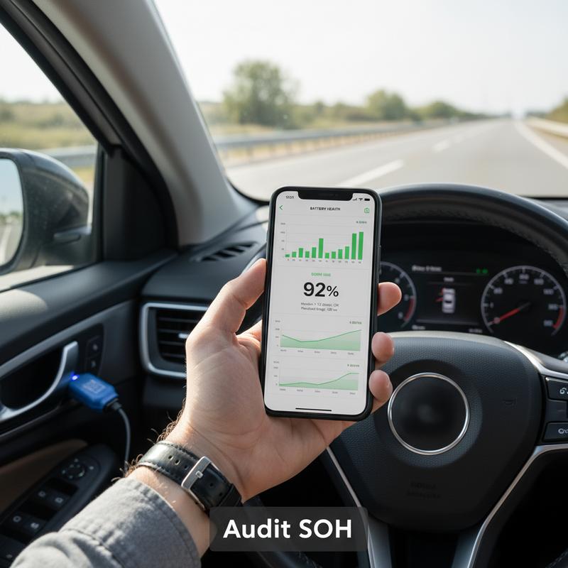 Main tenant un smartphone affichant un audit SOH avec graphiques de batterie devant le volant d'une Renault Zoé, boîtier OBD2 branché en arrière-plan.