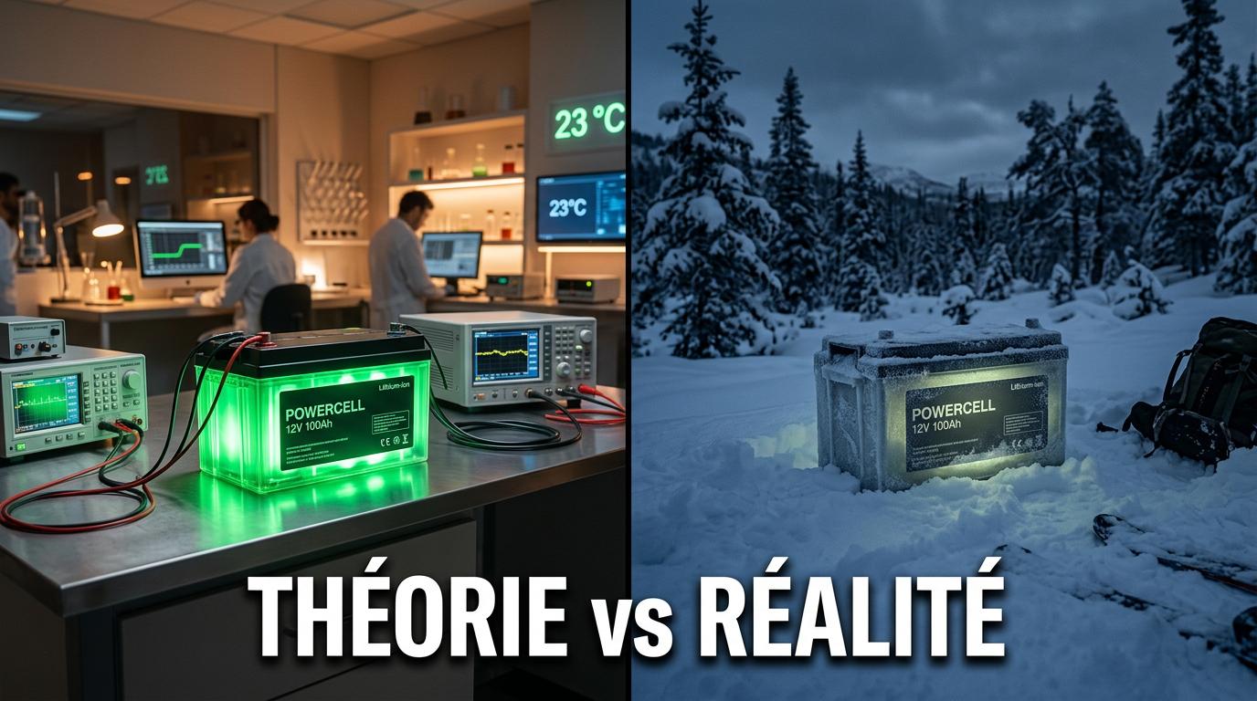 Écran divisé montrant une batterie verte éclatante en laboratoire face à la même batterie dans un environnement neigeux avec le texte Théorie vs Réalité.