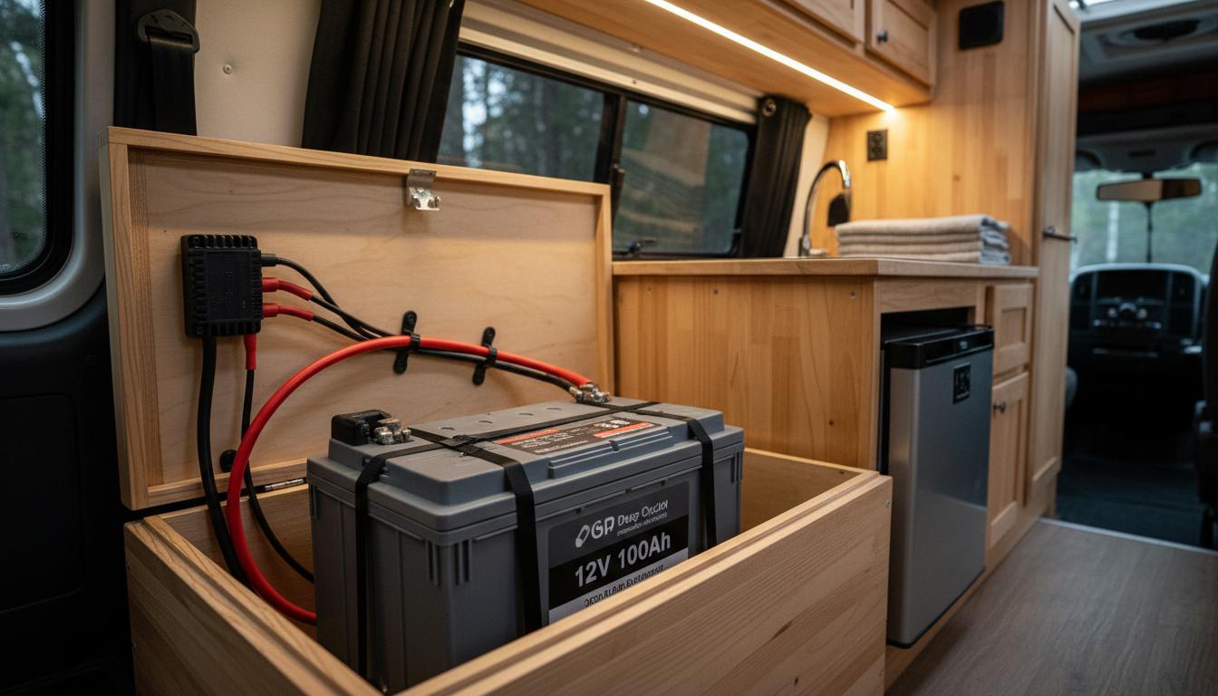 Batterie robuste de 12V 100Ah installée dans un coffre en bois de van aménagé avec des câbles connectés et un réfrigérateur portable flou en arrière-plan.