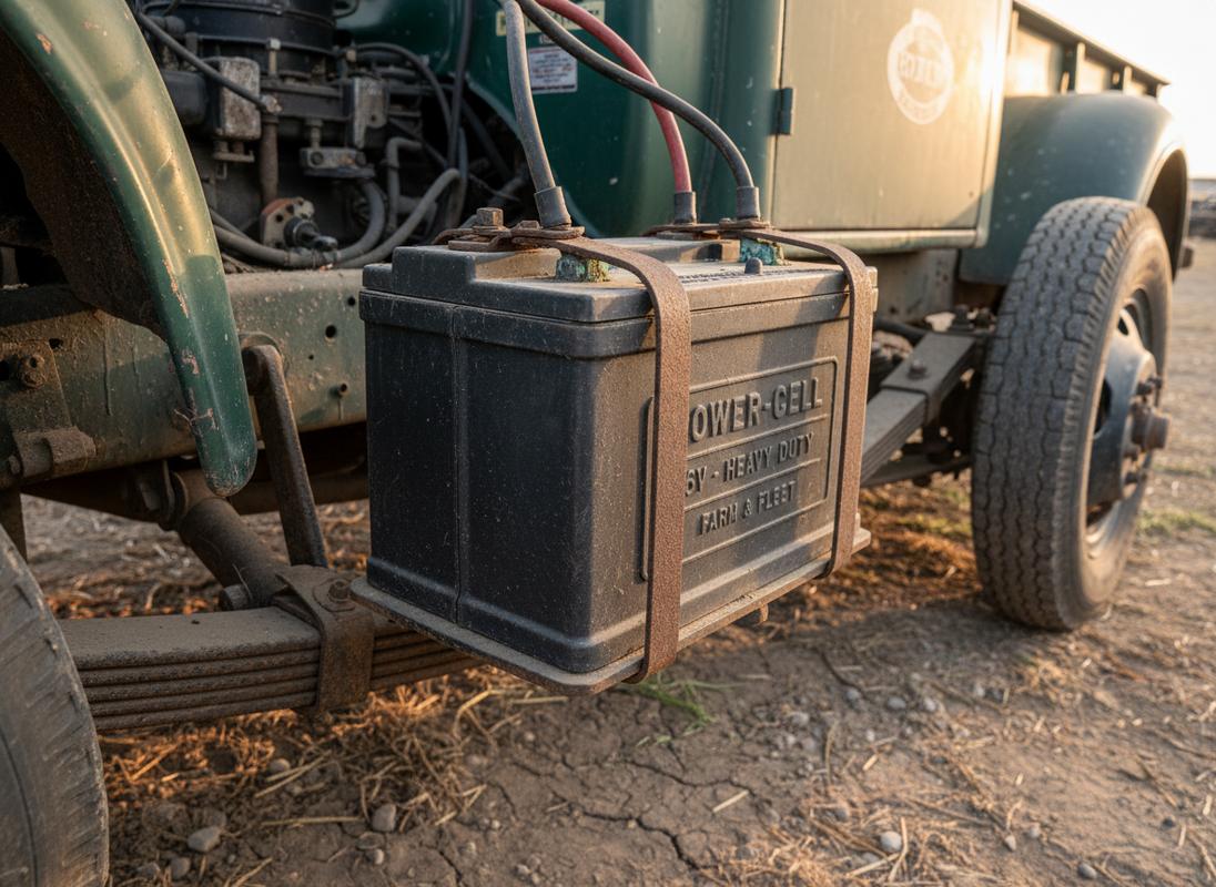 Une batterie 6V robuste est installée sur le châssis métallique d'un camion utilitaire vintage couvert d'une fine couche de poussière.
