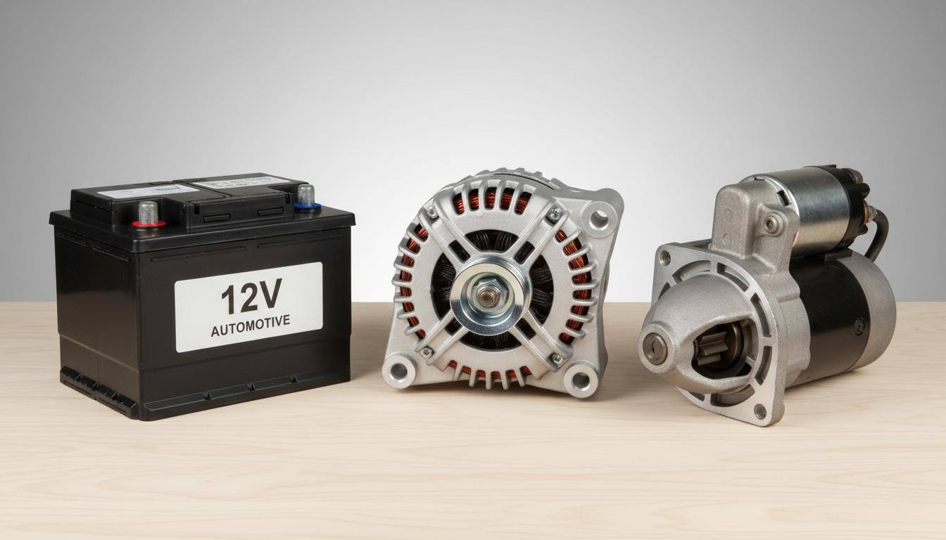 Une batterie 12V, un alternateur et un démarreur automobile sont alignés sur un établi dans un studio professionnel au fond gris neutre.